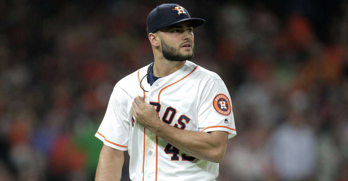 Houston Astros starting pitcher Lance McCullers Jr. (43) leaves after pitching the sixth inning against the Oakland Athletics at Minute Maid Park on Saturday, April 28, 2018, in Houston. ( Elizabeth Conley / Houston Chronicle )