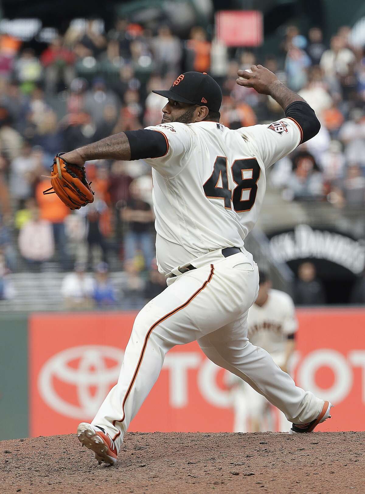 San Francisco Giants' Pablo Sandoval pitches against the Los Angeles Dodgers during the ninth inning of a baseball game in San Francisco, Saturday, April 28, 2018. (AP Photo/Jeff Chiu)