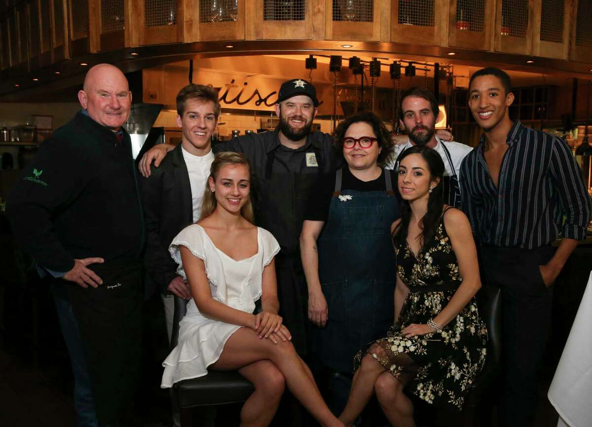 Chefs and Houston Ballet dancers pose for a photograph at Houston Ballet's "Raising the Barre" dinner at Artisans Restaurant on Sunday, April 29, 2018, in Houston. The four-course dinner was designed by four pairs of young Houston Ballet professionals and famous Houston chefs. From left: chef Jacques Fox, Hayden Stark, Tyler Donatelli, chef Nick Fine, chef Rebecca Masson, Monica Gomez, chef Chris Davies and Harper Watter.