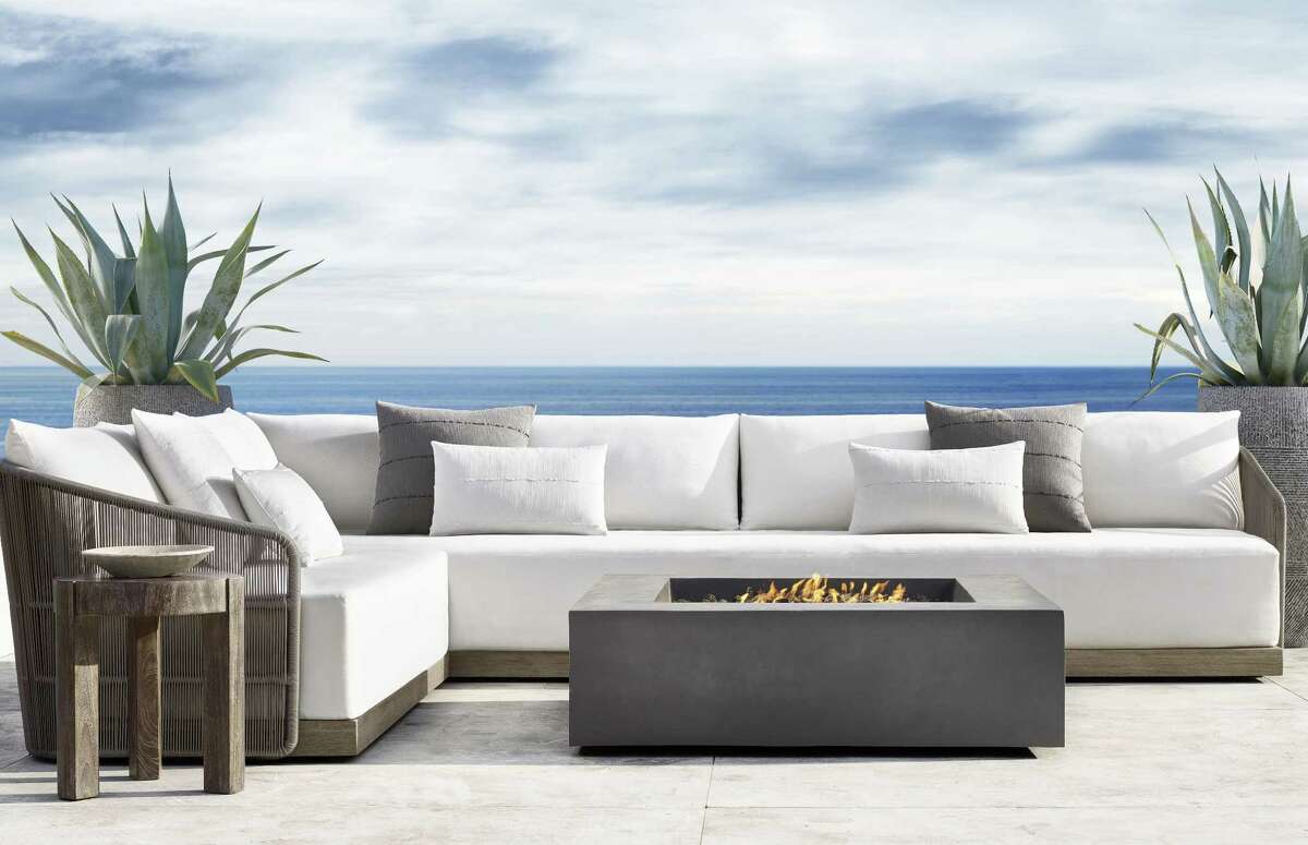 RH's new Havana wicker sectional is not your grandma's wicker. This sleek and functional all-weather wicker and Sunbrella Twill fabric pair for a very modern place to relax with friends. Add a fire pit, and you're ready for year-round entertaining. Components $1,196 and up; RH or rhmodern.com; RH or rhmodern.com