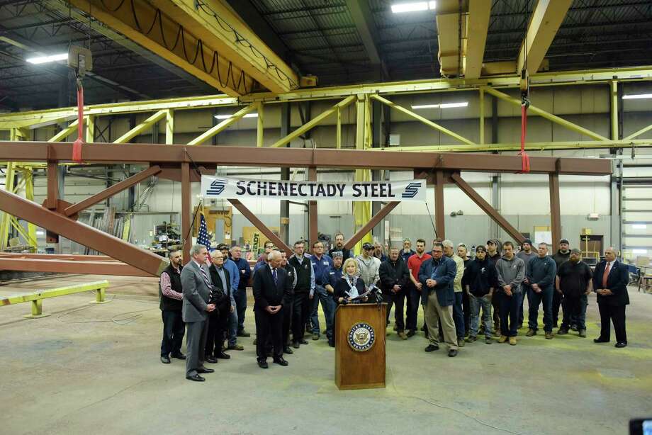 Senator Kirsten Gillibrand, at podium, is surrounded by employees of Schenectady Steel Company and elected officials, on Monday, April 30, 2018, in Rotterdam, N.Y. Senator Gillibrand was at the company to announce her bipartisan legislation, the Main Street Employee Ownership Act, which would support small businesses that invest in their workers and communities by transitioning to an Employee Stock Ownership Plan (ESOP) or a cooperative (co-op). Schenectady Steel Company is an early adopter of the Employee Stock Ownership Plan.  (Paul Buckowski/Times Union) Photo: PAUL BUCKOWSKI, Albany Times Union / (Paul Buckowski/Times Union)