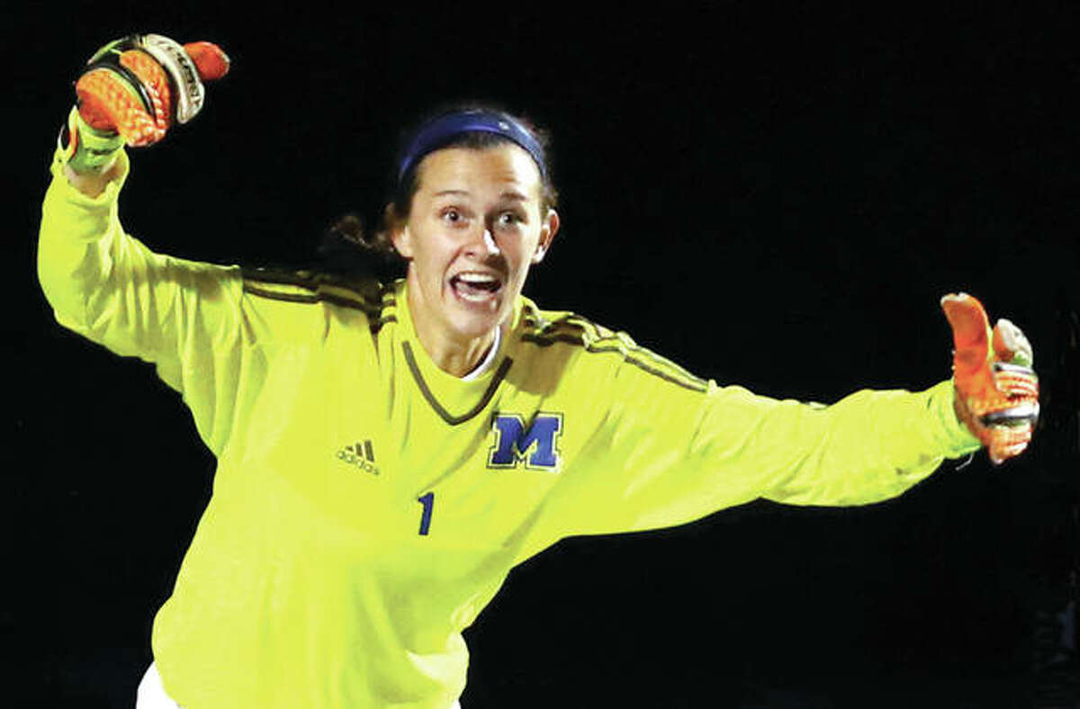 Marquette goalie Lauren Fischer scored on a direct kick from about 30 yards with three seconds remaining to lift the Explorers to a 1-1 tie with Belleville East Monday night in Belleville. Fischer, a University of Evansville recruit, is shown in earlier action,
