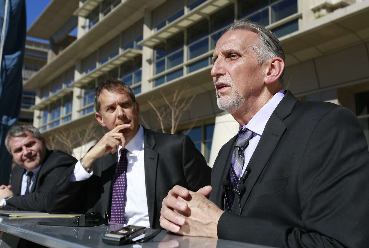 Craig Coley, right, who spent 39 years in prison for a murder he didn't commit, talks with reporters Thursday, Feb. 15, 2018, in Sacramento, Calif. Coley says it was the "worst nightmare" and even nearly $2 million in state compensation can't make up for his lost time. Coley was accompanied by his attorney's Ron Kaye, center, and Nick Brustin, left.