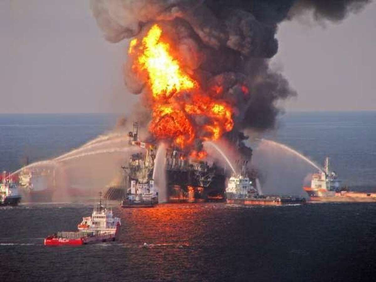 This photo released by the U.S. Coast Guard on April 22, 2010 showed fire crews battling the flaming spill from the BP Deepwater Horizon platform in the Gulf of Mexico the preceding day.