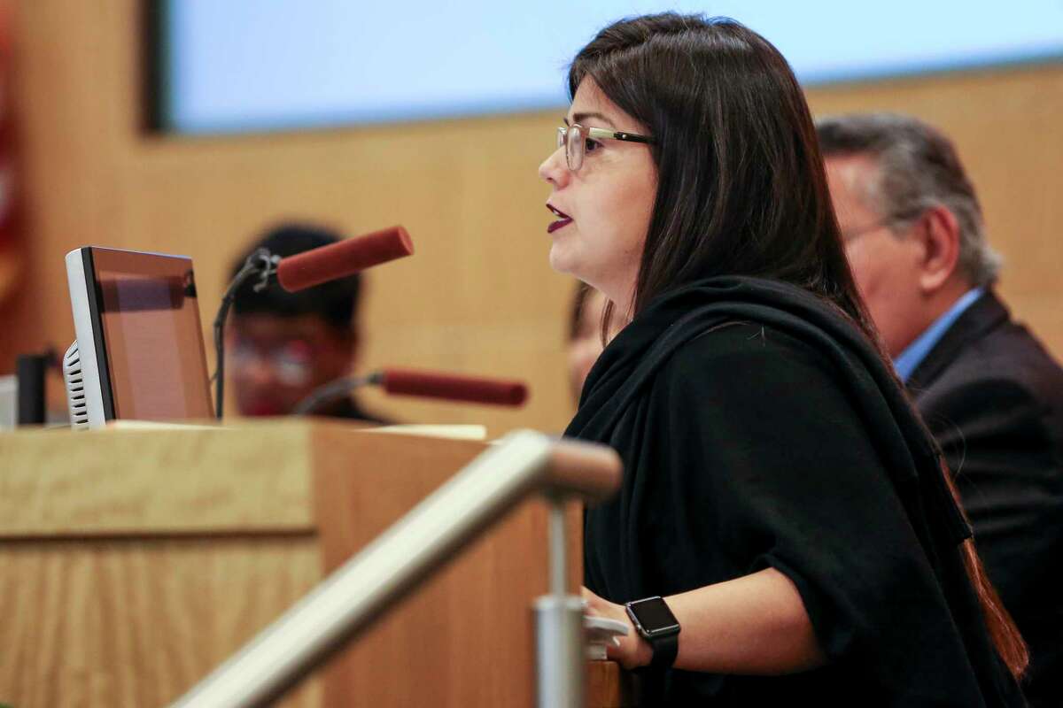 Houston ISD Board of Education District I trustee Elizabeth Santos asks a question during an agenda review meeting Monday, April 30, 2018 in Houston. The board did not vote to send a plan to the Texas Education Agency by the Monday deadline, which could have prevented the state takeover or closure of 10 long struggling schools.