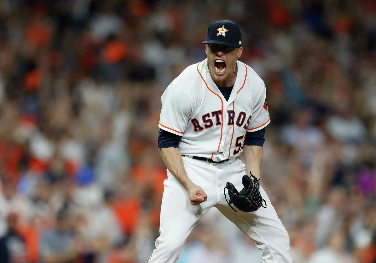 Houston Astros relief pitcher Ken Giles (53) reacts after striking out New York Yankees Didi Gregorius to end the ninth inning of an MLB game at Minute Maid Park, Monday, April 30, 2018, in Houston.