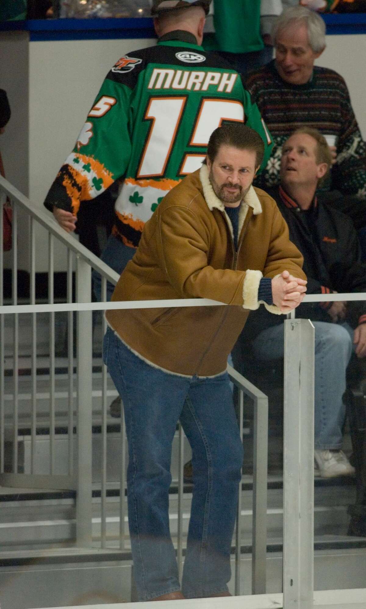 James Galante, who owns the Danbury Trashers hockey hockey team attends one of his teams hockey games in Danbury, Conn., Friday March 17, 2006. Galante, who owns Trashers and numerous trash companies, is the target of an FBI racketeering investigation, his attorney has said. The FBI Organized Crime strike force is investigating the trash industry in Connecticut and New York. (AP Photo/Douglas Healey)