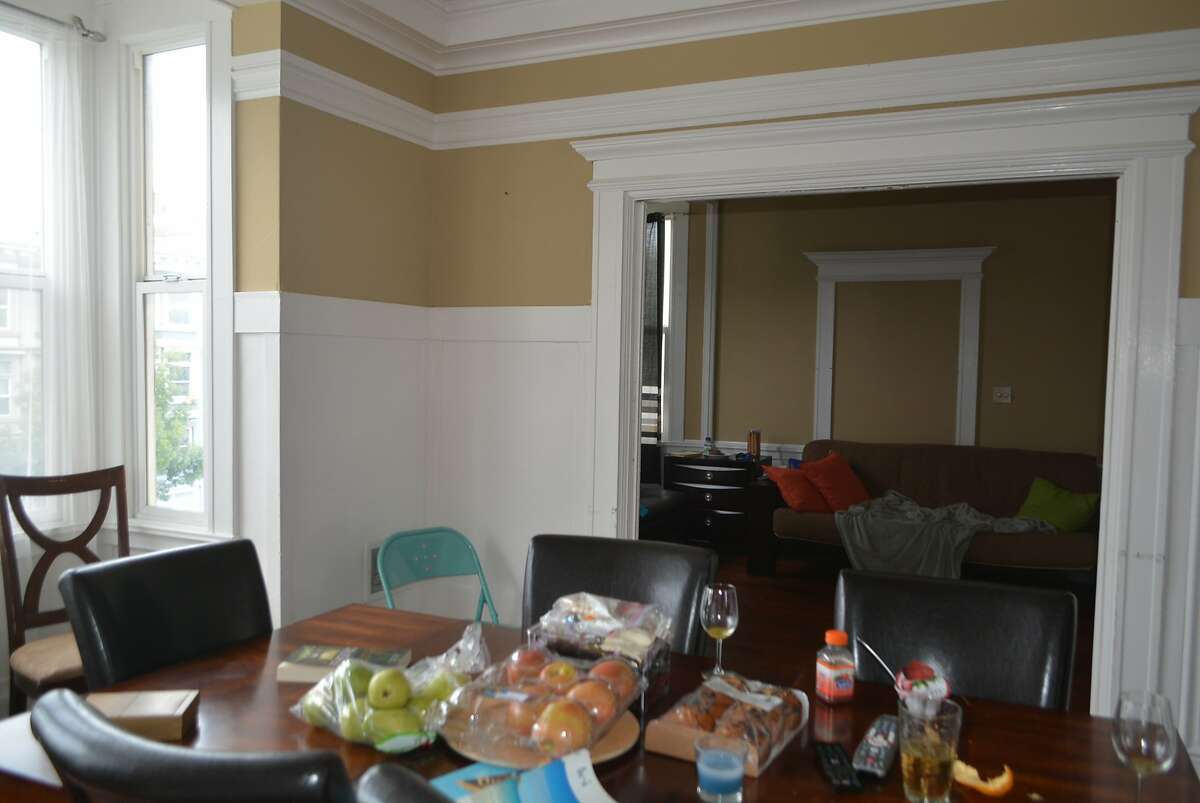 An apartment at 826 Masonic is shown with high-end staging for its Airbnb listing photos, and with more-disheveled looking staging before a tour by city investigators. A legal motion says this apartment and others illegally rented on Airbnb had identical staging of Costco bags of fruit and other items to make them appear inhabited by permanent tenants.