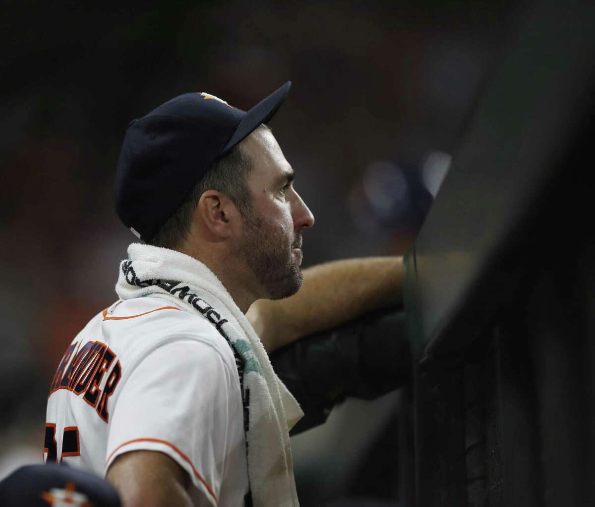 Houston Astros starting pitcher Justin Verlander (35) watches the game from the dugout during the eighth inning of an MLB game at Minute Maid Park, Tuesday, May 1, 2018, in Houston. ( Karen Warren / Houston Chronicle )