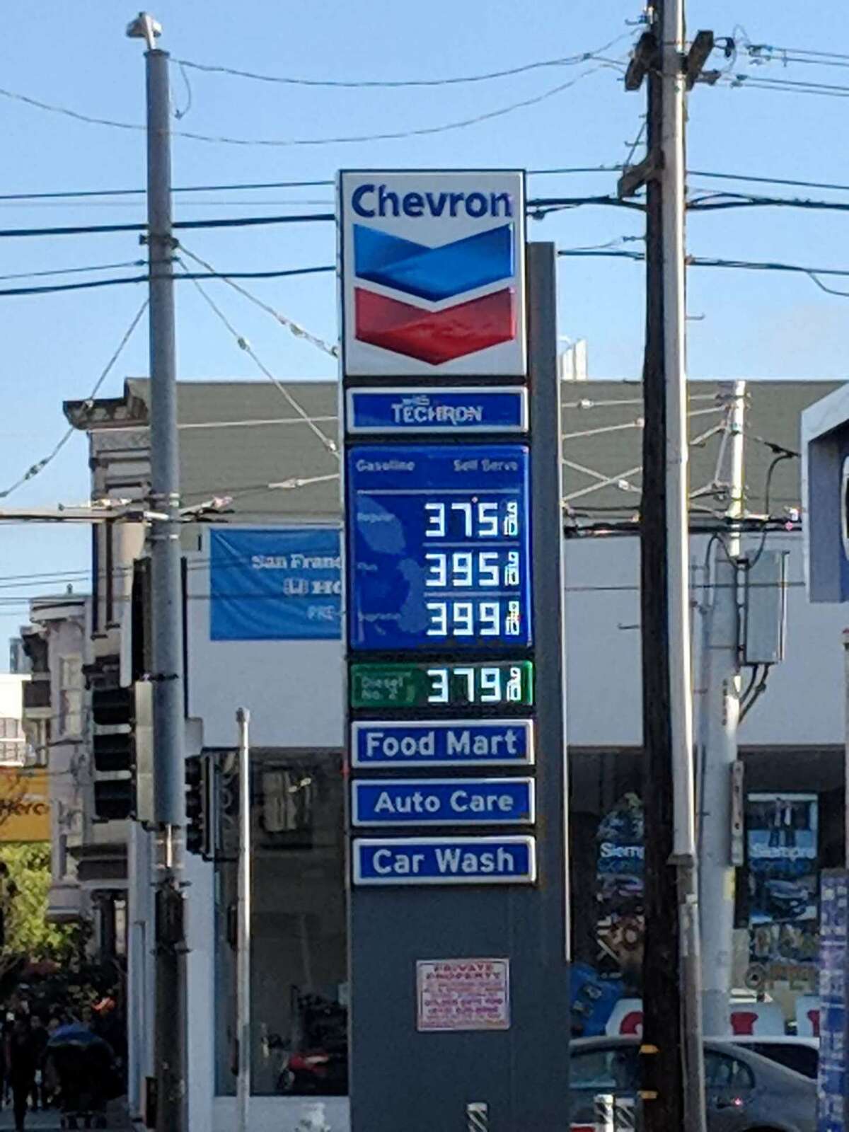 Gas prices at Chevron on South Van Ness in San Francisco on May 2, 2018.