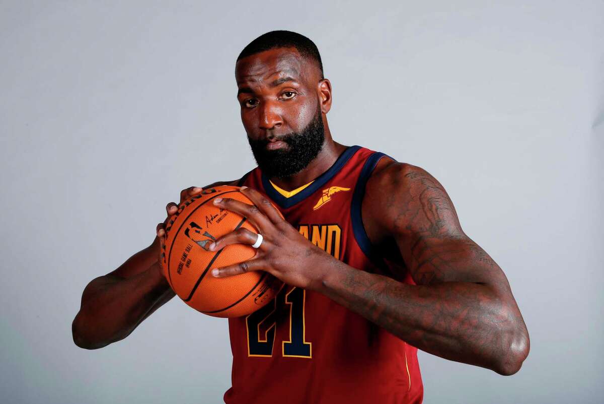 FILE - In this Sept. 25, 2017, file photo, Cleveland Cavaliers' Kendrick Perkins poses for a portrait during the NBA basketball team media day in Independence, Ohio. Veteran forward Kendrick Perkins is back with the Cavaliers. Cleveland signed Perkins on Wednesday, April 11, 2018, the final day of the regular season, and will have him on its playoff roster as the Cavs try to make the NBA Finals for the fourth straight year.(AP Photo/Ron Schwane, File)