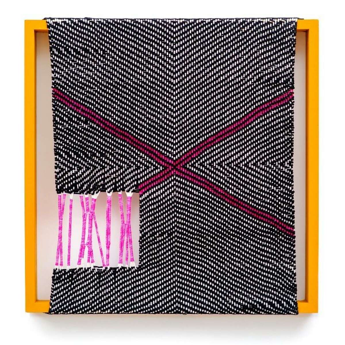 “Innards,” constructed of mop cottin, thread and fabric paint in a pine frame, is among the woven works in Lauren Salar’s show “Ties That Bind” at Hooks-Epstein Galleries through May 12. a