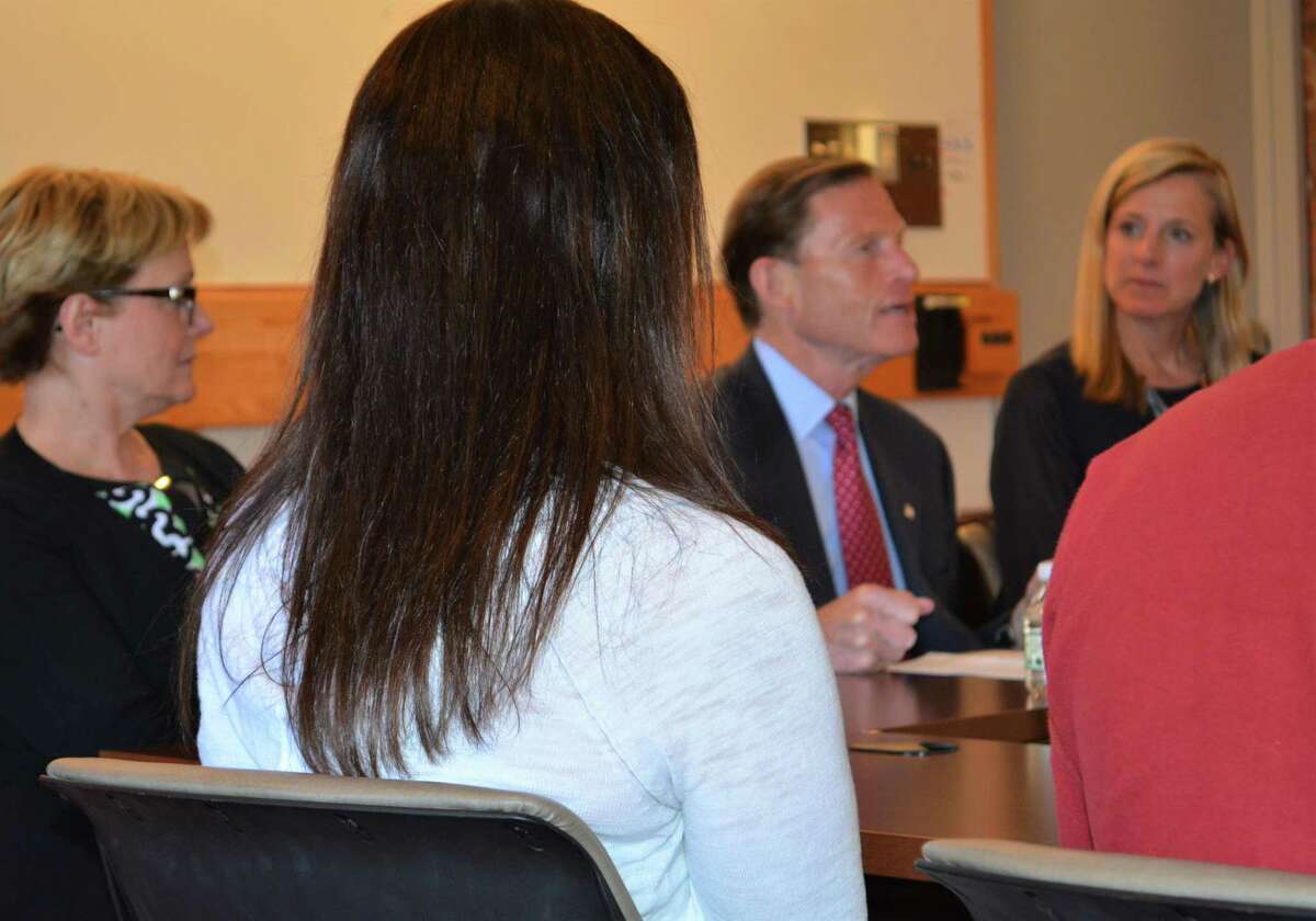 Torrington Mayor Elinor Carbone with U.S. Sen. Richard Blumenthal and Maria Coutant-Skinner, co-chairwoman of the Litchfield County Opioid Task Force