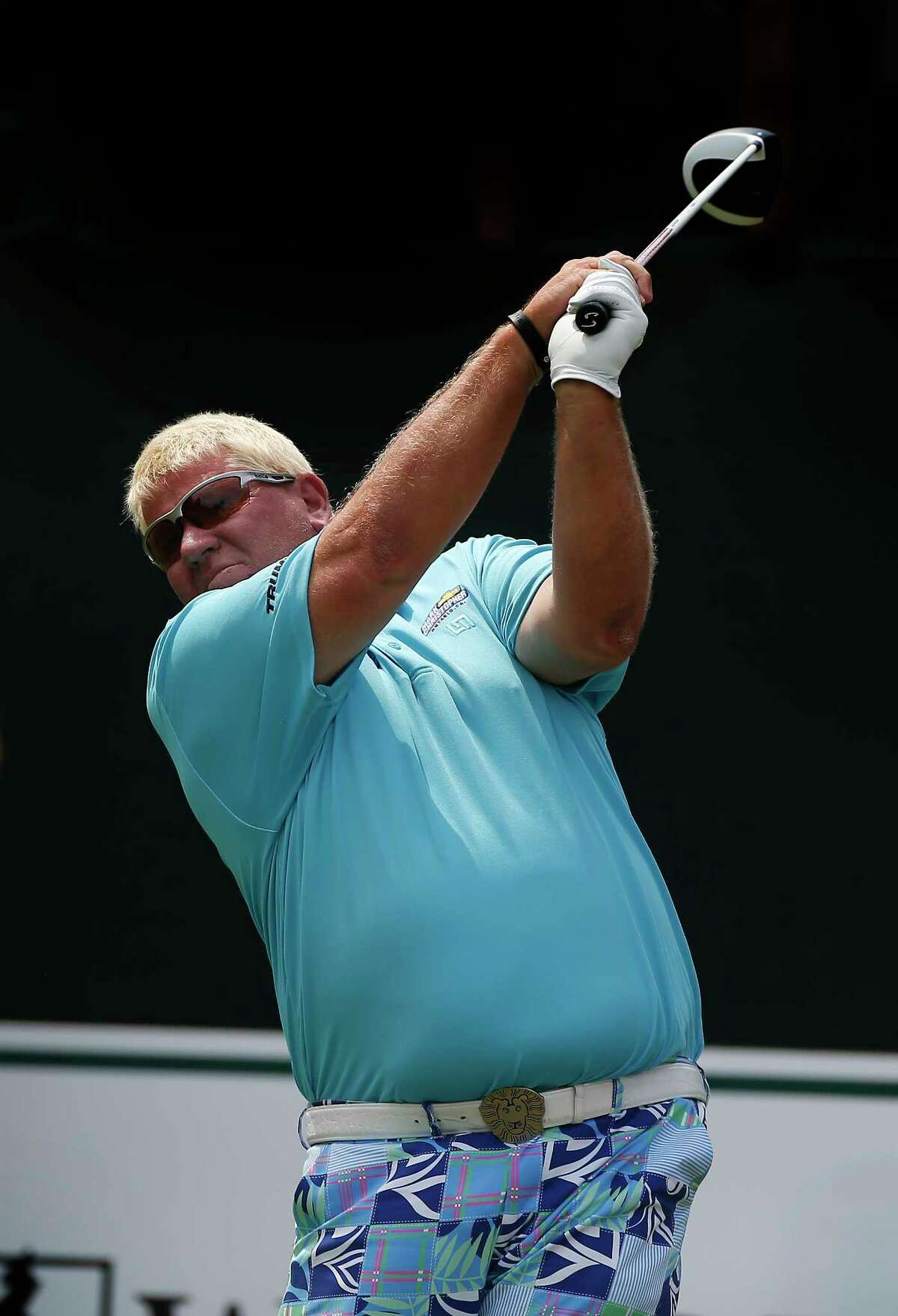 John Daly tees off the 10th during the Woodforest National Bank Championship Pro-AM Thursday, May 3, 2018, in The Woodlands.