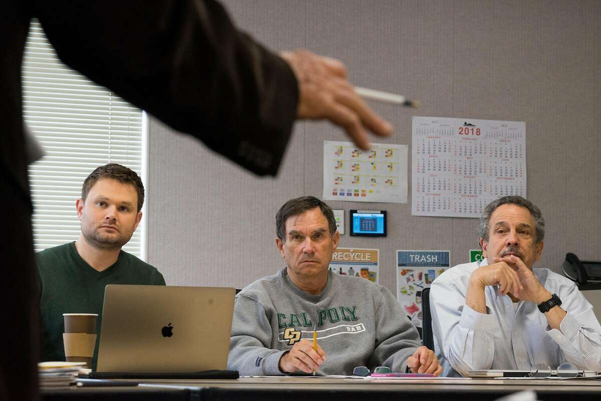 Left to right, council members Chris Clark, John McAlister and Mayor Lenny Siegel listen to public comment during a sub committee meeting at Mountain View City Hall in Mountain View, Calif. on Thursday, May 3, 2018. Mountain View is considering raising up to $10 million through a new tax that would raise business license fees and tax large businesses per employee. The tax, which would need to be approved by voters, would directly impact the city’s largest employer, Google, which has more than 20,000 employees there.