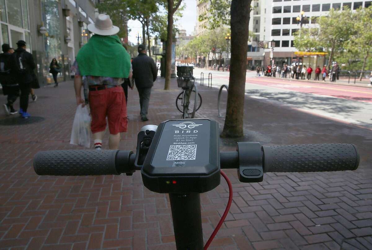 Scooter seen ready for use on Market St. by Westfield Mall on Monday, April 30, 2018, in San Francisco, Calif.