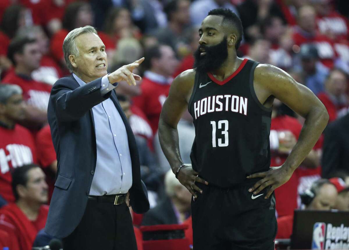 Houston Rockets head coach Mike D'Antoni works with Houston Rockets guard James Harden (13) during the second half in Game 2 of an NBA basketball second-round playoff series against the Utah Jazz at Toyota Center on Wednesday, May 2, 2018, in Houston. ( Brett Coomer / Houston Chronicle )