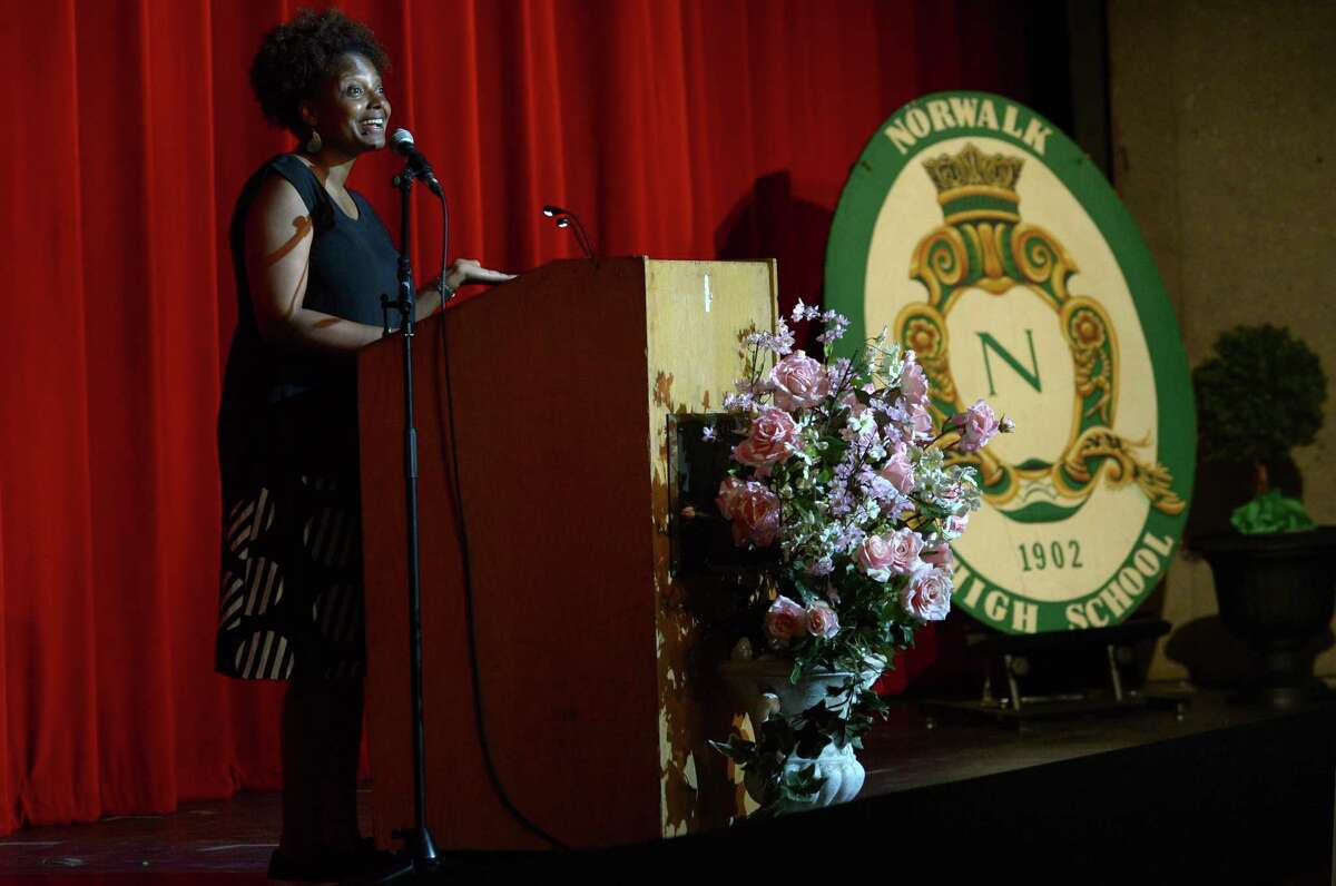 Tracy Smith, the U.S. Poet Laureate, visits Norwalk High School Thursday, May 3, 2018, and reads some of her poetry during an assembly in her honor at the school in Norwalk, Conn. She also visited Brien McMahon High School and Norwalk Community College on Thursday. Norwalk High School launched its first annual poetry contest in honor of the visit by the US Poet Laureate.