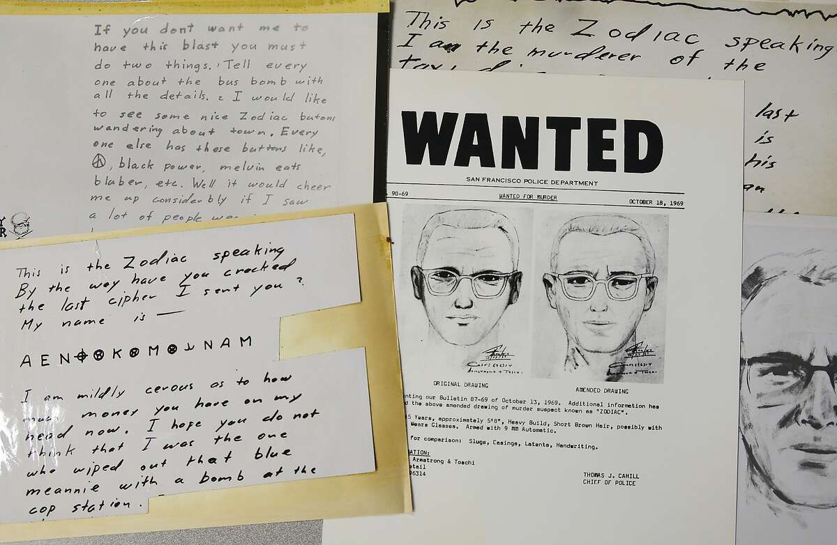 A San Francisco Police Department wanted bulletin and copies of letters sent to the San Francisco Chronicle by a man who called himself Zodiac are displayed Thursday, May 3, 2018, in San Francisco. Detectives in Northern California are trying to get a DNA profile on the Zodiac Killer to track him down using the same family-tree tracing technology investigators used in the Golden State Killer case. Vallejo police Detective Terry Poyser tells the Sacramento Bee his agency has recently submitted two envelopes that contained letters from the Zodiac Killer for DNA analysis. The Zodiac Killer stabbed or shot to death five people in Northern California in 1968 and 1969. He was dubbed the Zodiac Killer after he sent taunting letters and cryptograms to police and newspapers that included astrological symbols. (AP Photo/Eric Risberg)