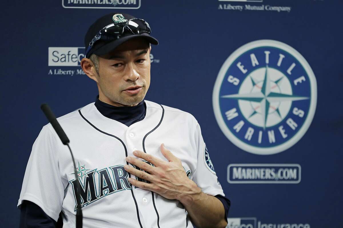 Seattle Mariners outfielder Ichiro Suzuki talks to reporters Thursday, May 3, 2018, in Seattle. Suzuki was released Thursday by the Mariners and is shifting into a front office role with the team, although he is not completely shutting the door on playing again. (AP Photo/Ted S. Warren)