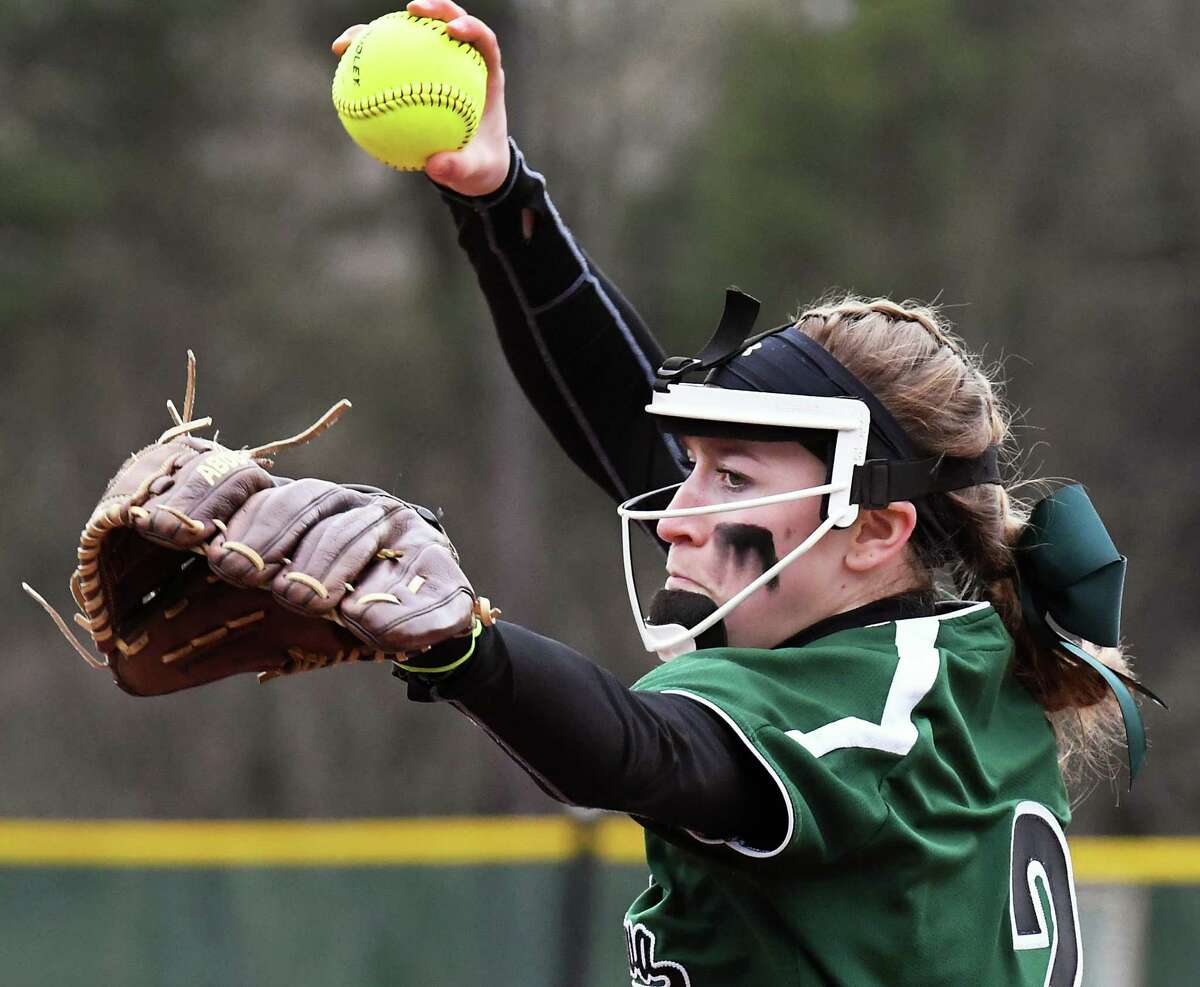 Shenendehowa starting pitcher Emily Albanese in action against Ballston Spa during their game Saturday April 22, 2017 in Ballston Spa, NY. (John Carl D'Annibale / Times Union)