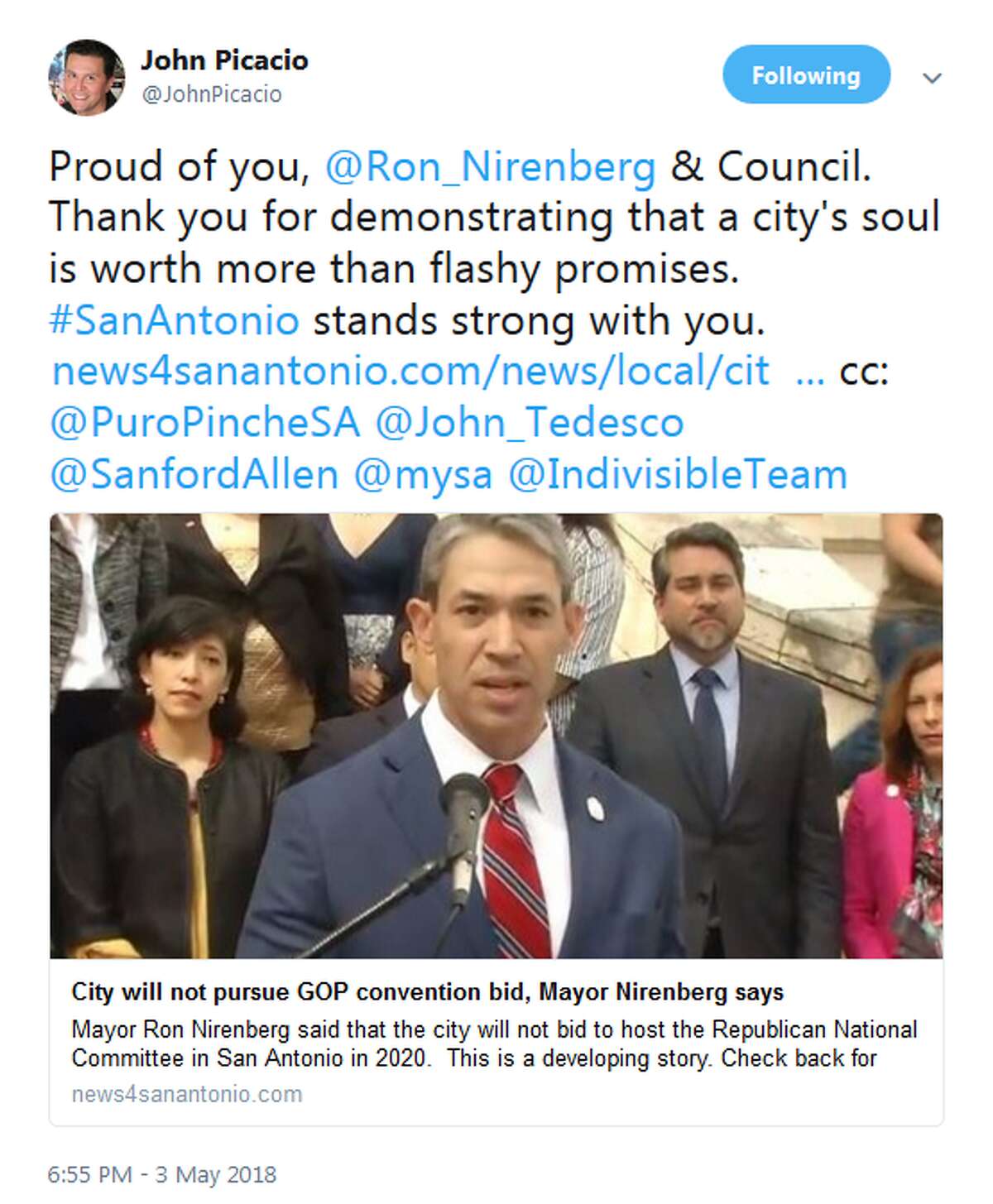 @JohnPicacio: Proud of you, @Ron_Nirenberg & Council. Thank you for demonstrating that a city's soul is worth more than flashy promises. #SanAntonio stands strong with you.