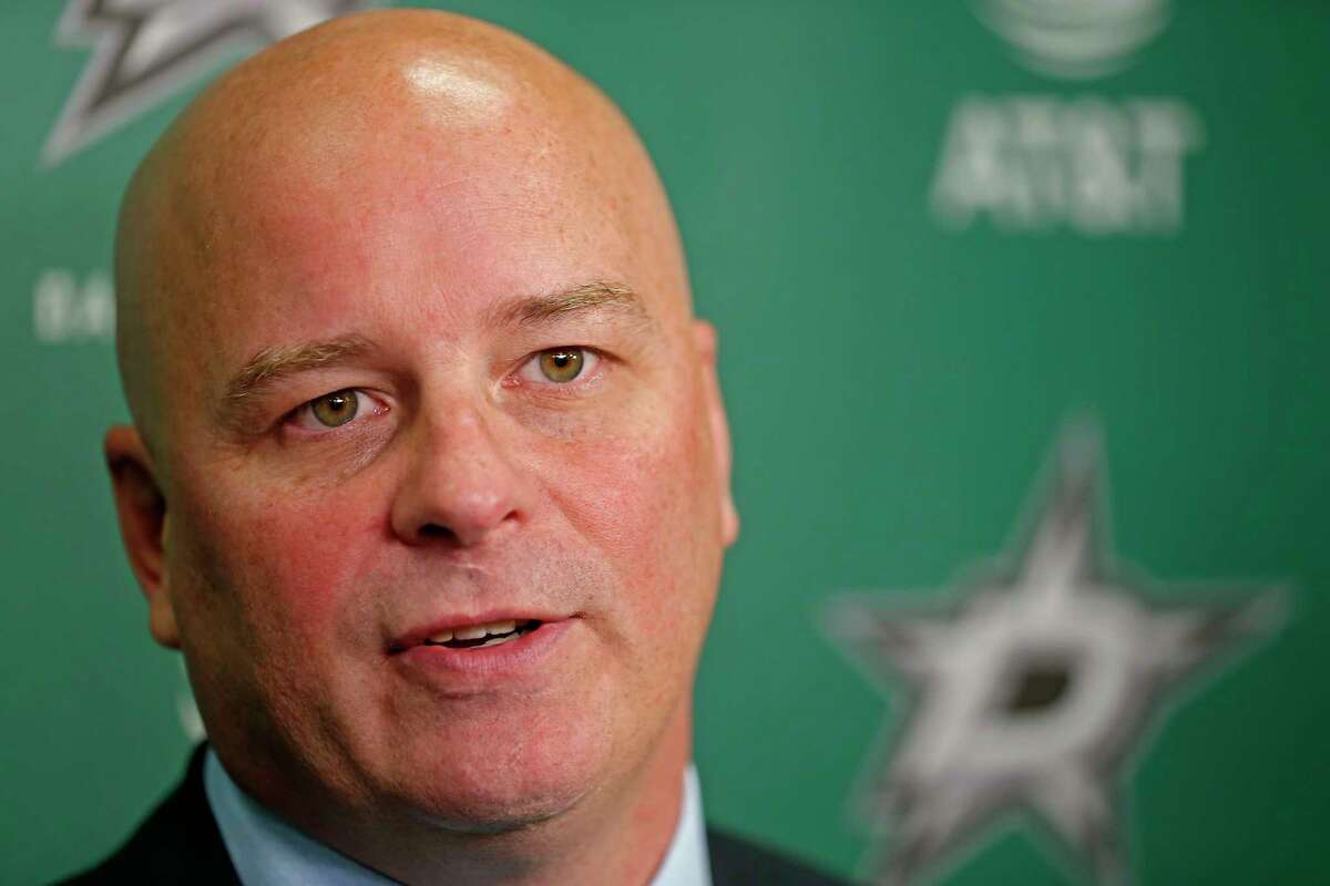 Dallas Stars new head coach Jim Montgomery speaks at an NHL hockey press conference at American Airlines Center in Dallas, Friday, May 4, 2018. Montgomery, the second head coach in three years to go from the college ranks to the NHL, was 125-57-26 the past five seasons at the University of Denver, including a national title in 2016-17. (Jae S. Lee/The Dallas Morning News via AP)