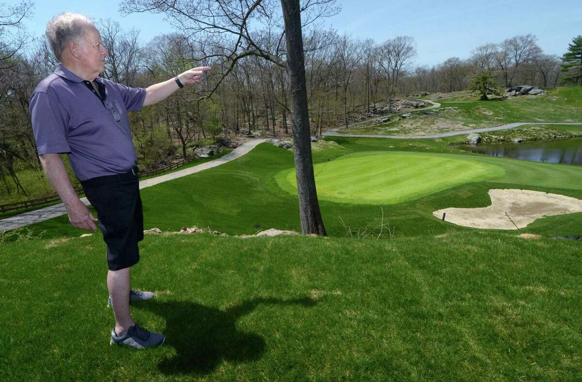 The Oak Hills Park Authority Chairman Jerry Crowley points out the soon to be completed third hole and fourth tee Wednesday, May 2, 2018, in Norwallk, Conn. The Oak Hills Park Authority officials are boasting that the 18-hole municipal golf course off Fillow Street in West Norwalk is in the best condition ever with one hole left for completion following a major capital improvement project. But the authority is still asking for relief from the city on paying back debt owed on construction of the golf course restaurant a decade ago.
