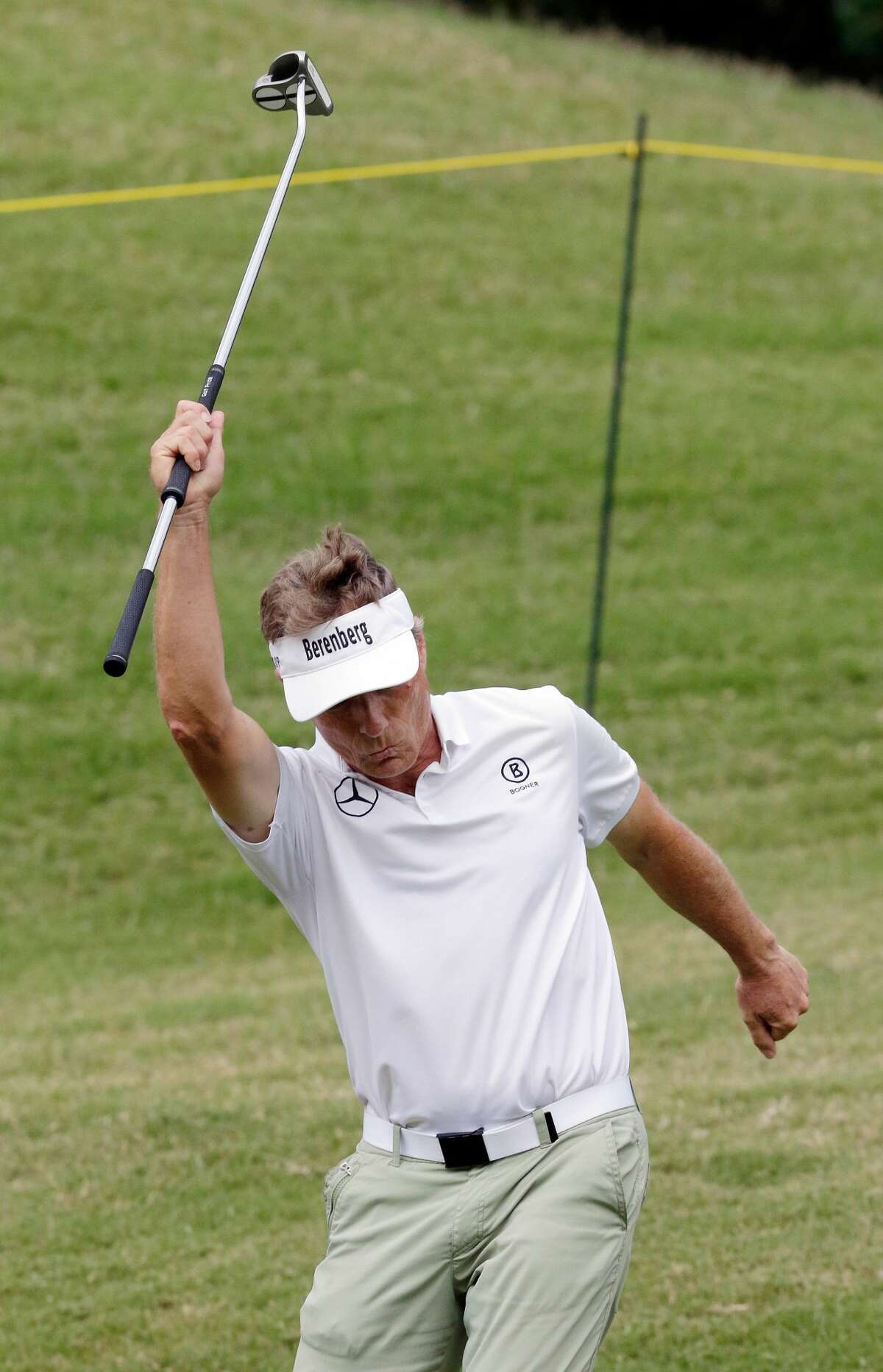 Bernhard Langer reacts to his birdie, putting him nine under on the 16th green during the first round of the Insperity Invitational at the The Woodlands Country Club Friday, May 4, 2018, in The Woodlands, TX. (Michael Wyke / For the Chronicle)