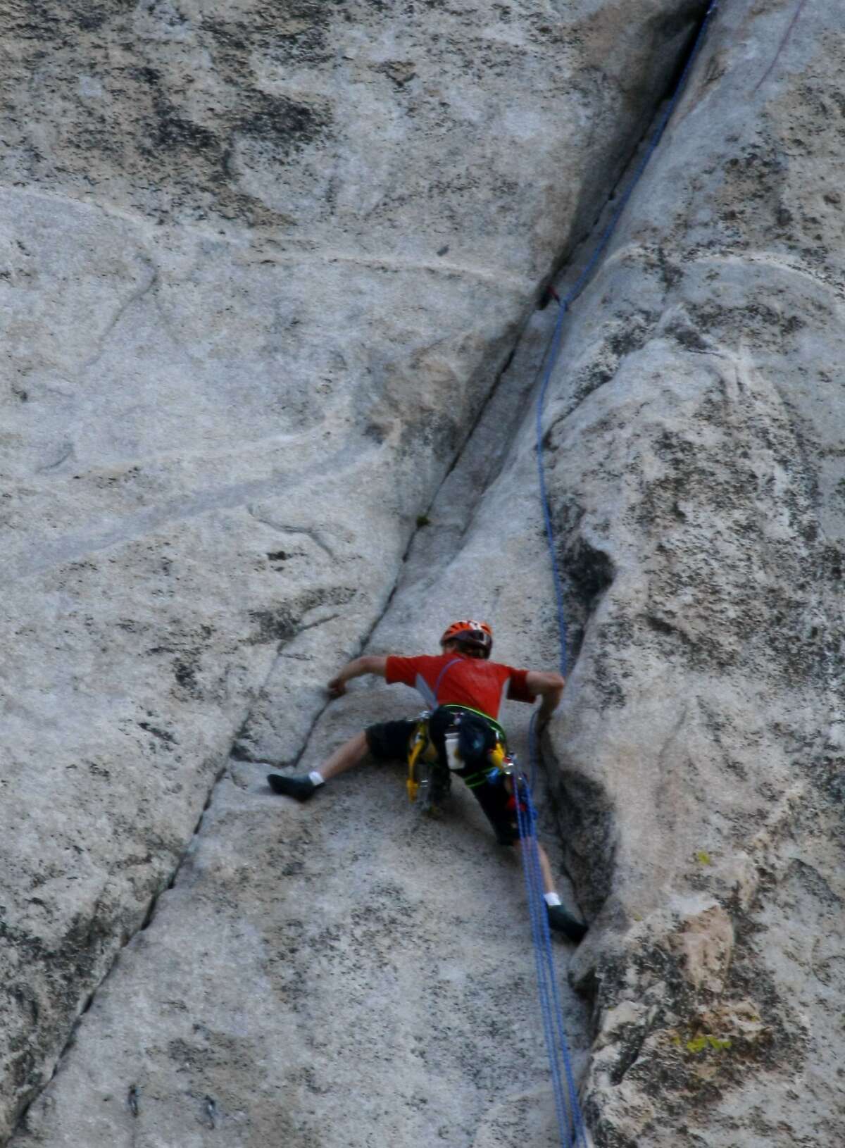 Hans Florine, of Lafayette, Calif., reaches for a hand and foot hold on the Nose route of El Capitan in Yosemite National Park on July 2, 2008. He and his climbing partner Yuji Hirayama, of Japan broke the record with a time of 2 hours, 43 minutes and 33 seconds, beating the previous record of 2 hours and 45 minutes set by German brothers Thomas and Alexander Huber last October. Photo by Michael Maloney / The Chronicle