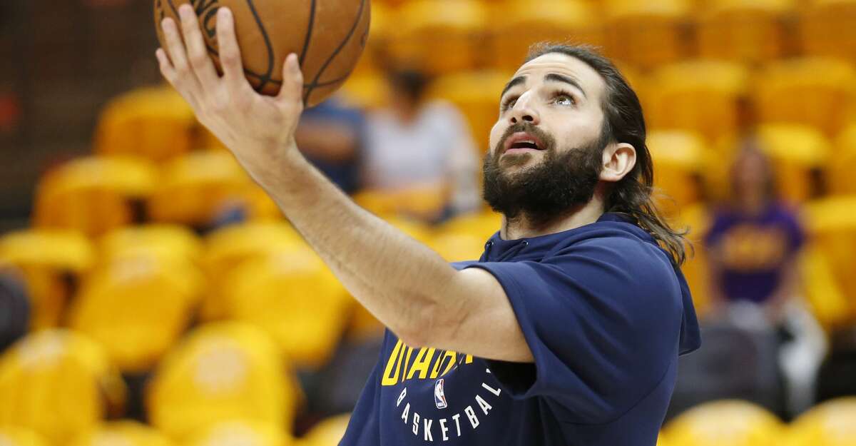 Utah Jazz guard Ricky Rubio shoots during practice before the start of Game 3 of an NBA basketball second-round playoff series against the Houston Rockets Friday, May 4, 2018, in Salt Lake City. (AP Photo/Rick Bowmer)