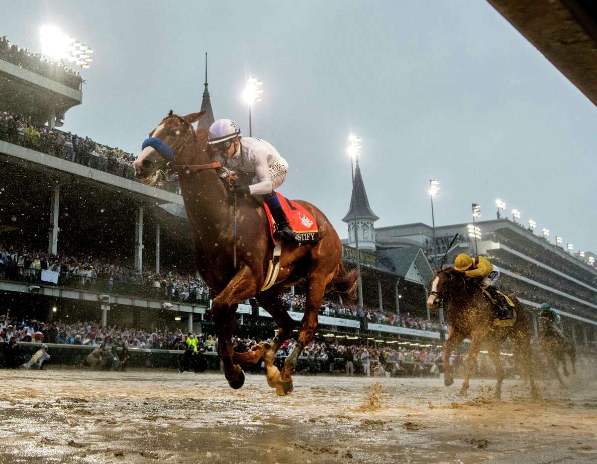 Justify with jockey Mike Smith in the saddle wins the 144th running of the Kentucky Derby at Churchill Downs Saturday May 5, 2018 in Louisville, Kentucky (Skip Dickstein/Times Union)