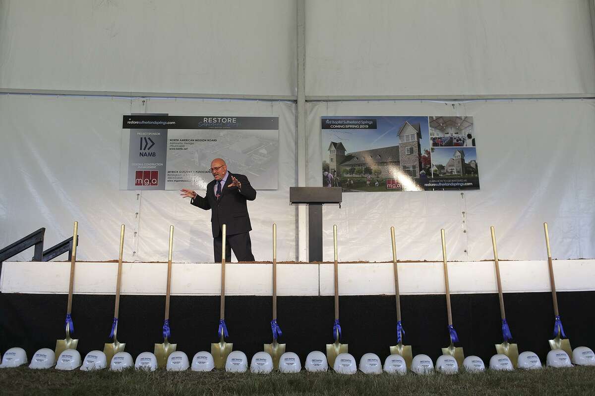 Pastor Frank Pomeroy speaks on the theme of "Rebirth" during the Groundbreaking Celebration for First Baptist Church of Sutherland Springs on May 5, 2018, the six-month anniversary of the mass shooting at the church.