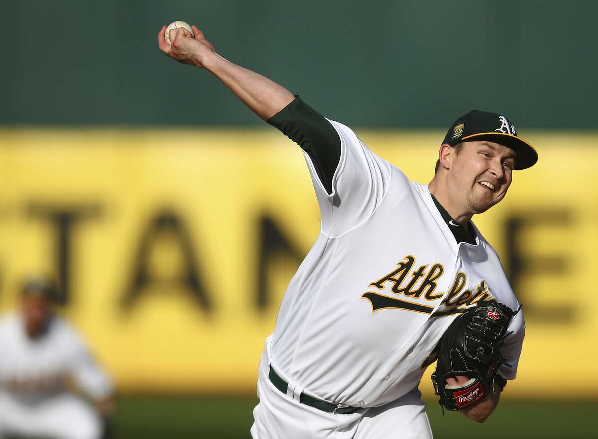 Oakland Athletics pitcher Trevor Cahill works against the Baltimore Orioles during the first inning of a baseball game Saturday, May 5, 2018, in Oakland, Calif. (AP Photo/Ben Margot)