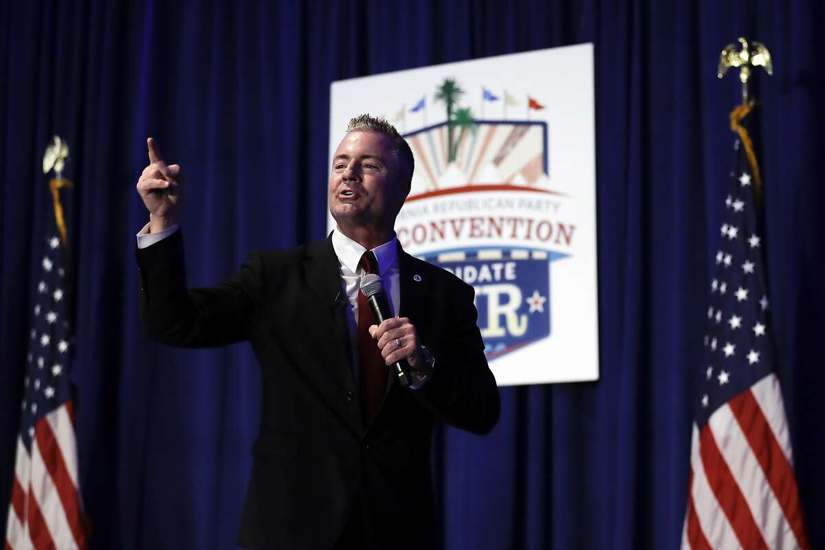 In this Saturday, May 5, 2018 photo, California gubernatorial candidate Travis Allen, a Republican Assemblyman from Huntington Beach, Calif., speaks during the California Republican Party convention in San Diego. California Republicans hoping to break a long losing streak are betting that anger over higher gas taxes and illegal immigration will give them an edge in races for governor and other marquee offices.(AP Photo/Gregory Bull)