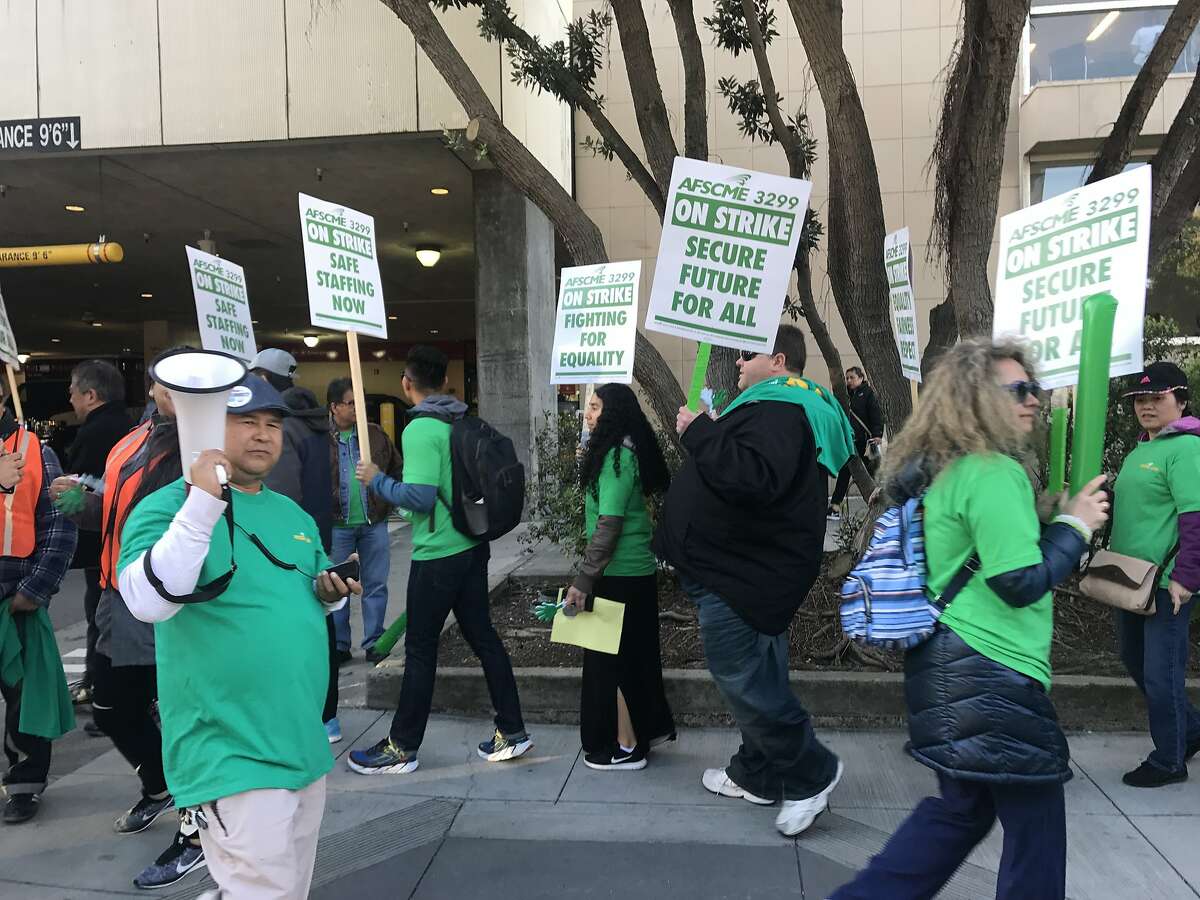 Hundreds of workers affiliated with the American Federation of State, County and Municipal Employees Local 3299 walked off the job at UCSF's Parnassus Avenue medical center on Monday. Union members are protesting the university's proposed contract.