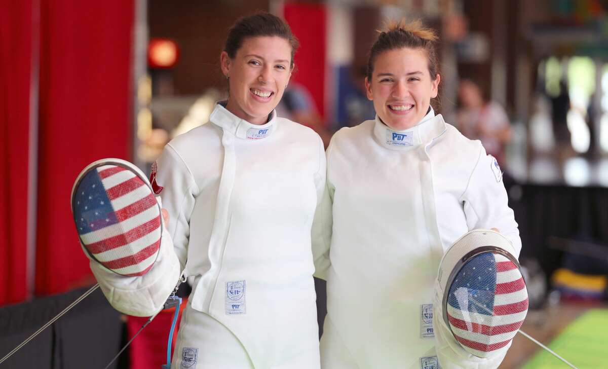 MONTREAL, CANADA - JUNE 13: American Sisters Kelley Hurley (left) and Courtney Hurley pose for the camera during warm-up for the Women's Epee event on June 13, 2017. The Hurley's would take 1st and 2nd in the event at the Pan-American Fencing Championships at Centre Pierre-Charbonneau in Montreal, Quebec, Canada. (Photo by Devin Manky/Getty Images)