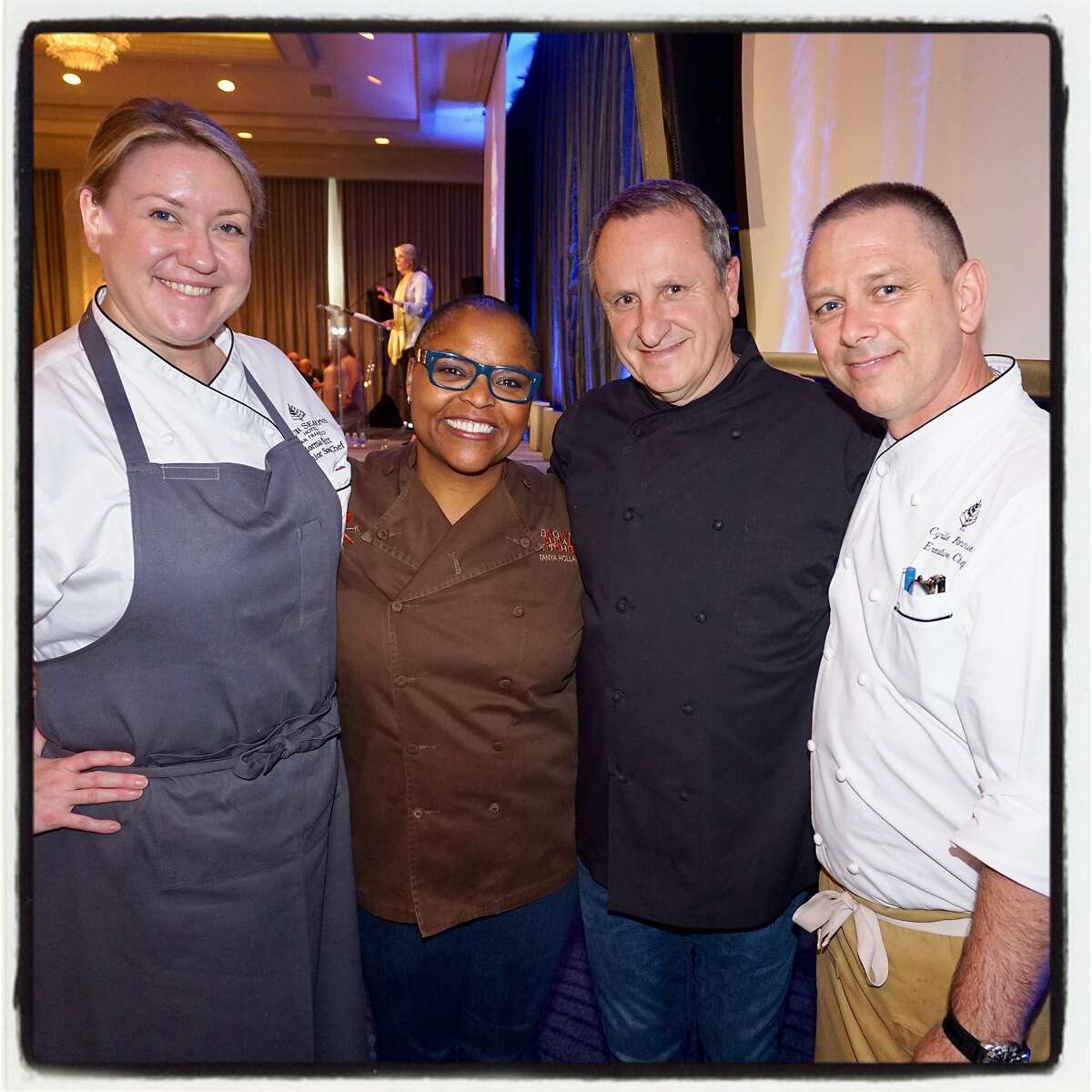 Four Seasons Hotel sous chef Norma Whitt (left) with Brown Sugar Kitchen chef Tanya Holland, Piperade chef Gerald Hirigoyen and Four Seasons executive chef Cyrille Pannier at the Mission Dolores Academy lunch. April 25, 2018.