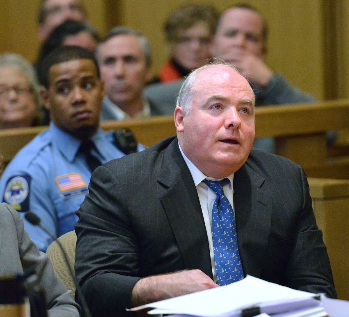 Michael Skakel reacts to being granted bail during his hearing at Stamford Superior Court, in Stamford, Conn., Thursday, Nov. 21, 2013. Skakel will be released on bail after receiving a new trial for the 1975 murder of his Greenwich, Conn., neighbor, Martha Moxley, which he was convicted of in 2002.