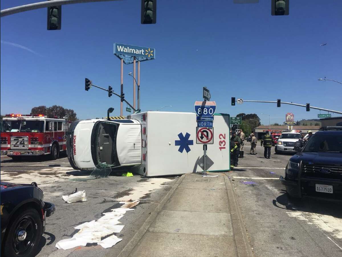 The scene of a crash involving an ambulance & passenger vehicle in San Lorenzo on Monday, May 7, 2018. Three of the five patients were EMS personnel, Alameda County Fire said.