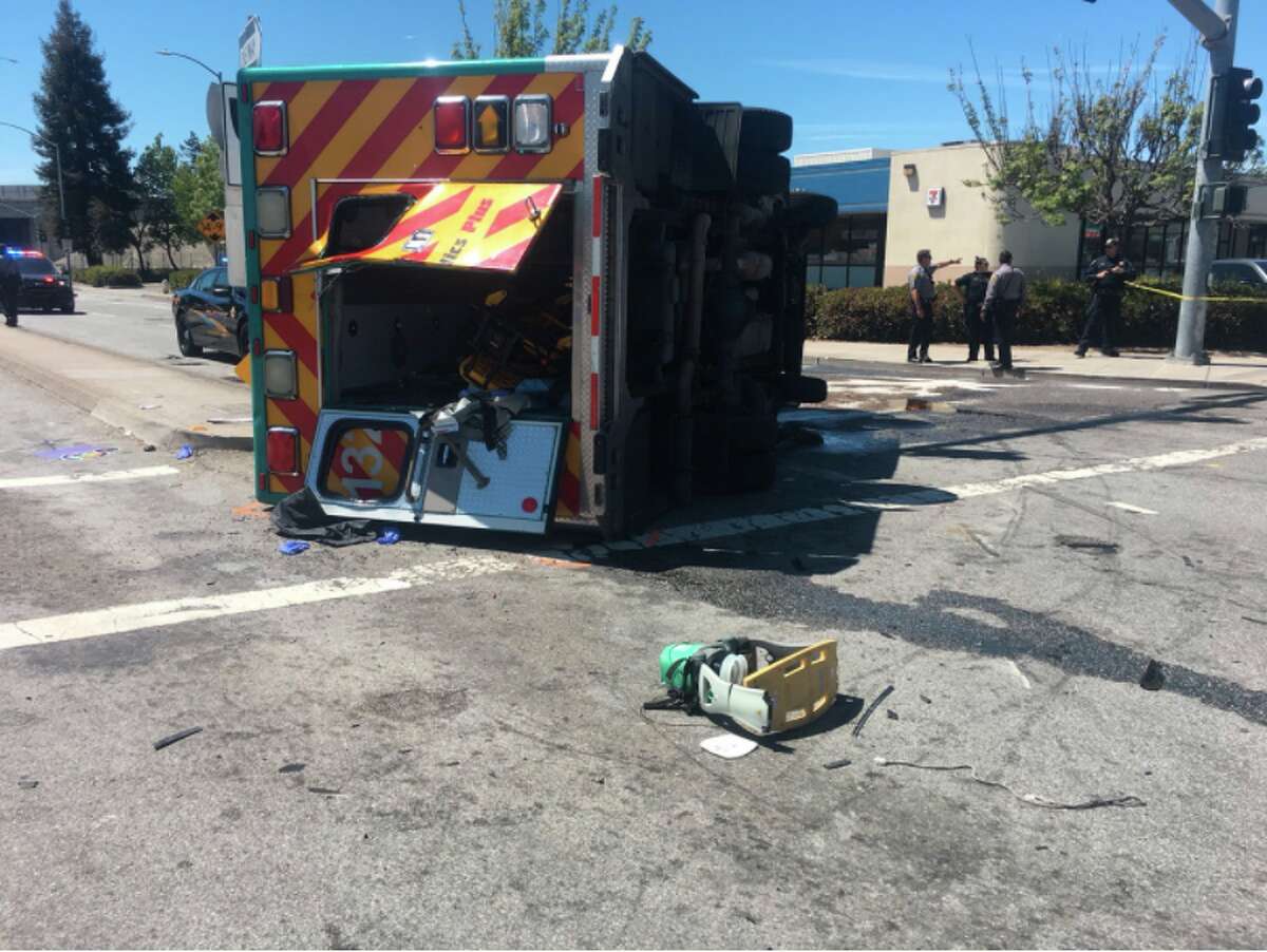 The scene of a crash involving an ambulance & passenger vehicle in San Lorenzo on Monday, May 7, 2018. Three of the five patients were EMS personnel, Alameda County Fire said.