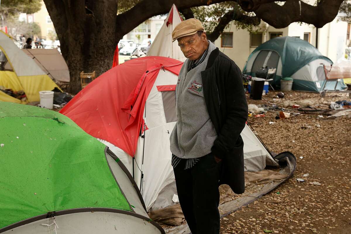 Arthur Porter next to his tent in Lafayette Park, after he talked about the NBA Golden State Warriors who have their practice facility a little over a block away from their homeless encampment in Oakland, Ca. on Thurs. May 3, 2018.
