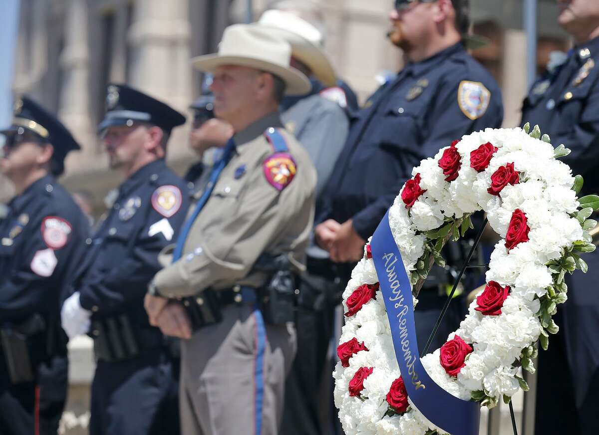 Detail of a memorial wreath during the Texas Peace Officers’ Memorial Service held Monday at the Texas State Capitol in Austin.