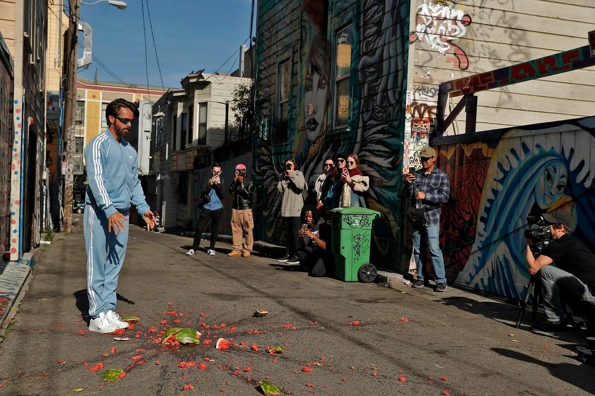 Choreographer Alexander Ekman smashes a watermelon during a S.F. Dance Film Festival video shoot in San Francisco, Calif., on Thursday, May 3, 2018. The 9th annual S.F. Dance Film Festival has commissioned a short film from famed Swedish ballet choreographer Alexander Ekman and filmmaker TM Rives, to premiere at the festival in October. We go on location as they shoot their film in San Francisco with a cast of 5-8 dancers. We?ll take candids of the dancers and of Ekman and Rives directing them, classic stuff like through-the-viewfinder shots, all with the picturesque background of S.F. Ekman has been known to pull people off the street and add them to his films, so if that happens we?ll capture that too.