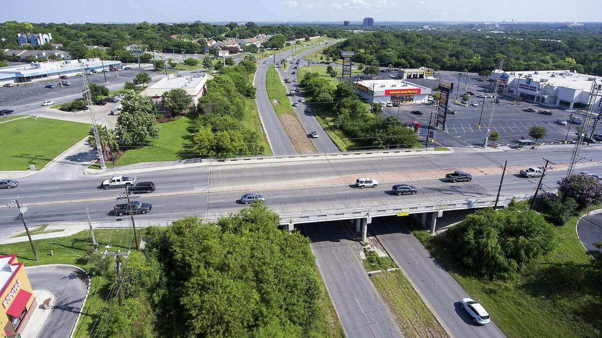Harry Wurzbach Road goes under Austin Highway as seen Wednesday June, 8, 2016 in an aerial image taken with a remote control quadcopter. Officials are considering a new kind of intersection where Harry Wurzbach connects with the old Austin Highway on the Northeast Side. It would be the second such intersection in the state.