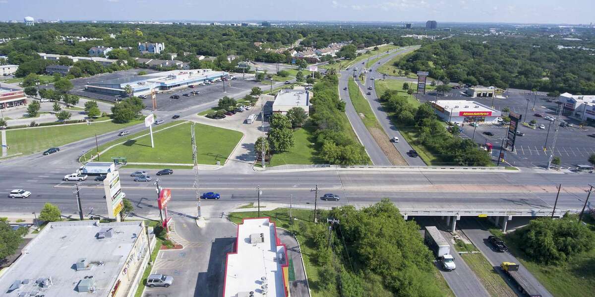 Harry Wurzbach Road goes under Austin Highway as seen Wednesday June, 8, 2016 in an aerial image taken with a remote control quadcopter. Officials are considering a new kind of intersection where Harry Wurzbach connects with the old Austin Highway on the Northeast Side. It would be the second such intersection in the state.