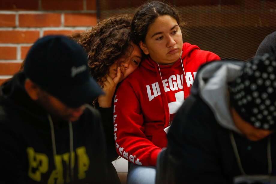 Tammy Mendoza, 14 (right) rests her head on another student (who preferred to be anonymous) during an exercise at Camp Everytown in Boulder Creek, California, on Friday, Oct. 13, 2017. Photo: Gabrielle Lurie / The Chronicle