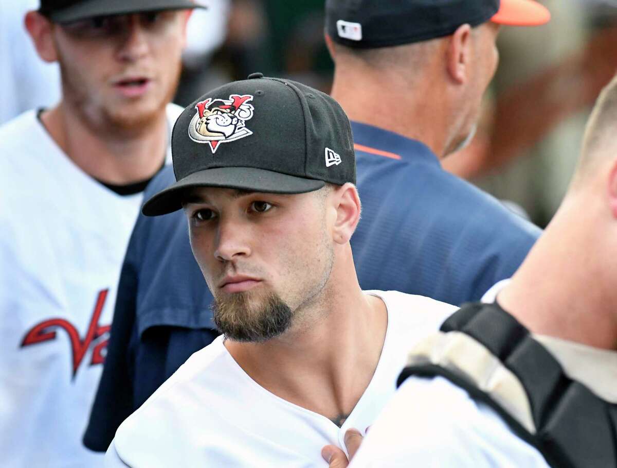 PHOTOS: Houston Astros top prospects in 2019  Tri-City ValleyCats' J.J. Matijevic, center, with teammates before playing the Hudson Valley Renegades during a minor league baseball game on Thursday, Aug. 17, 2017, in Troy, N.Y.  >>>See Houston's top prospects this season ... 
