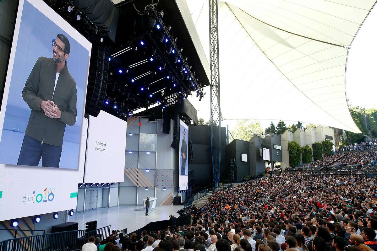 Google CEO Sundar Pichai delivers the keynote address for the Google I/O conference at the Shoreline Amphitheatre in Mountain View, Calif. on Tuesday, May 8, 2018.