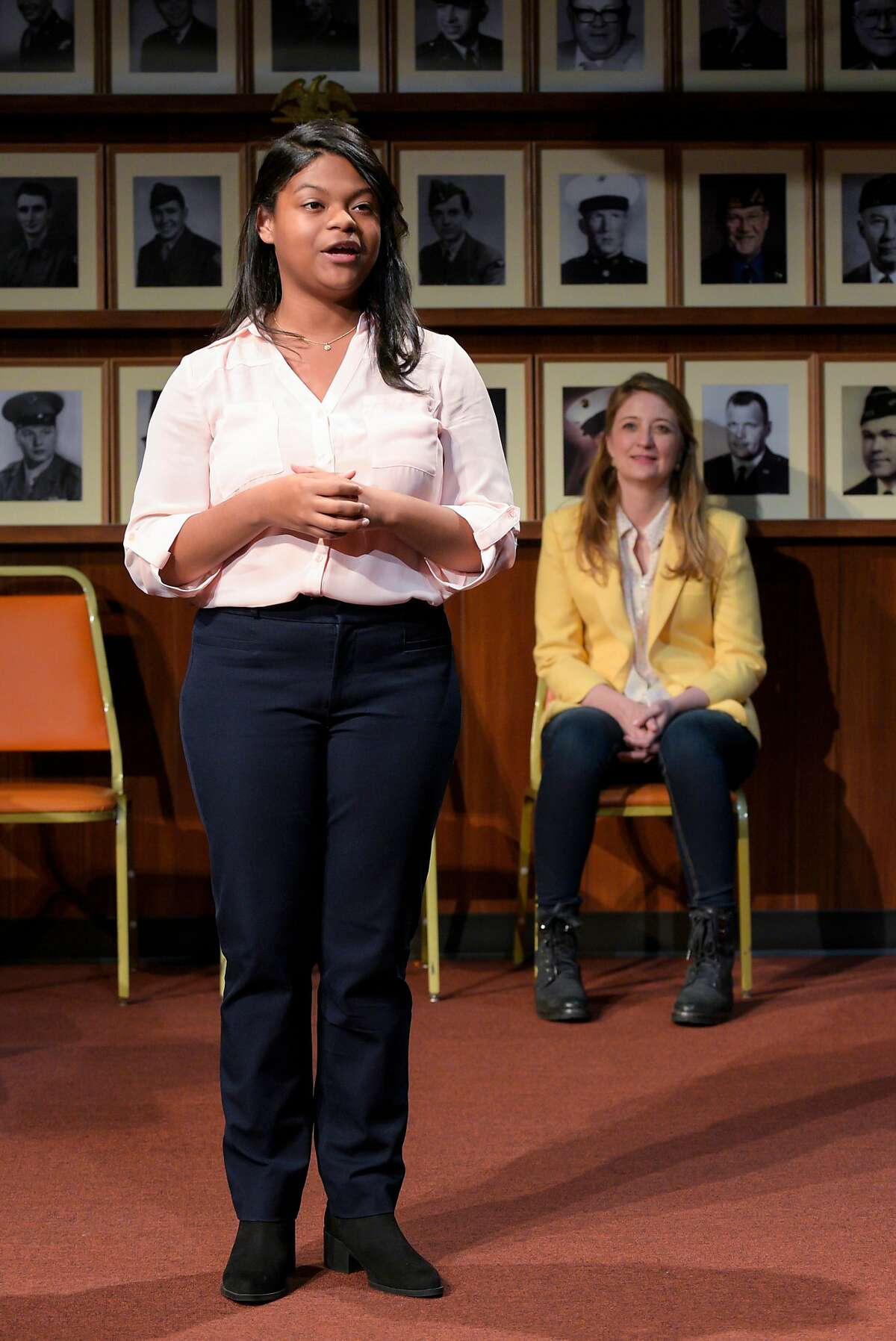 From left: Wisdom Kunitz as Wisdom and Heidi Schreck as Heidi in "What the Constitution Means to Me" at Berkeley Rep.